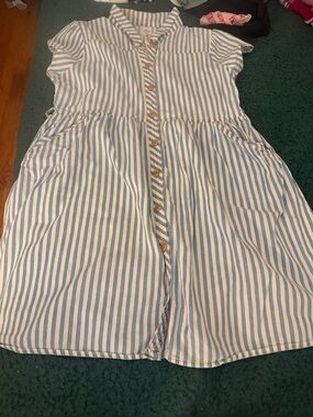 One-Shoulder Blue and White Striped Button-Front Dress